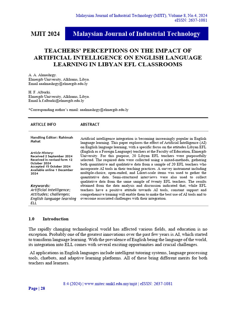 AI's Impact on Libyan EFL Teachers' Perceptions | PDF | Artificial ...