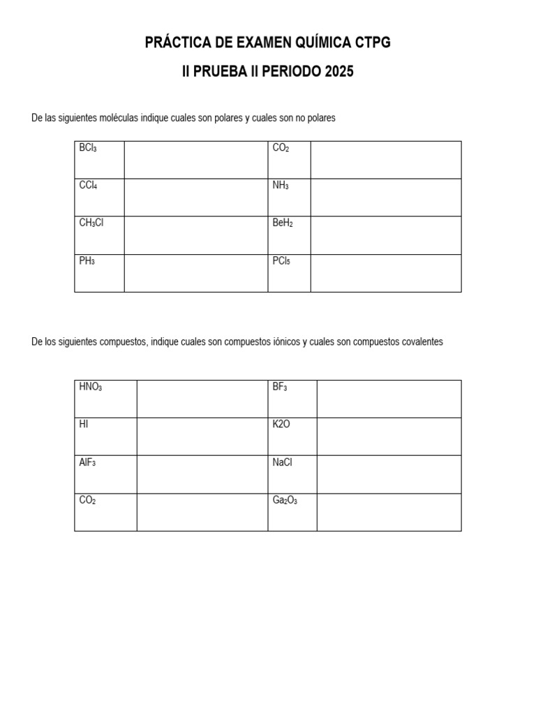 PRÁCTICA DE EXAMEN QUÍMICA CTPG | PDF | Enlace químico | Polaridad química