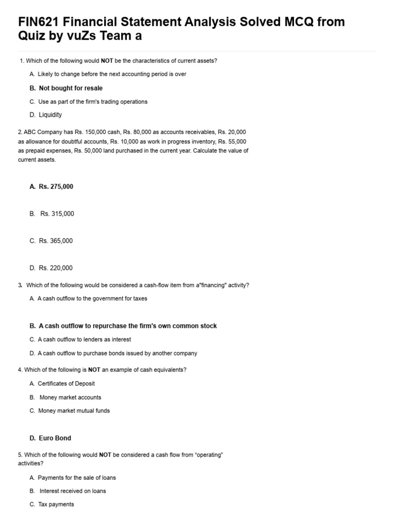 Financial Statement Analysis MCQs Guide | PDF | Debits And Credits ...