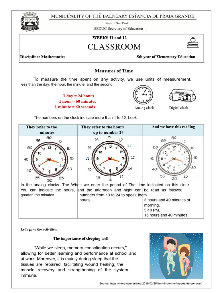 5th Grade - Mathematics V.02 - Weeks 11 and 12 | PDF | Sleep | Hour