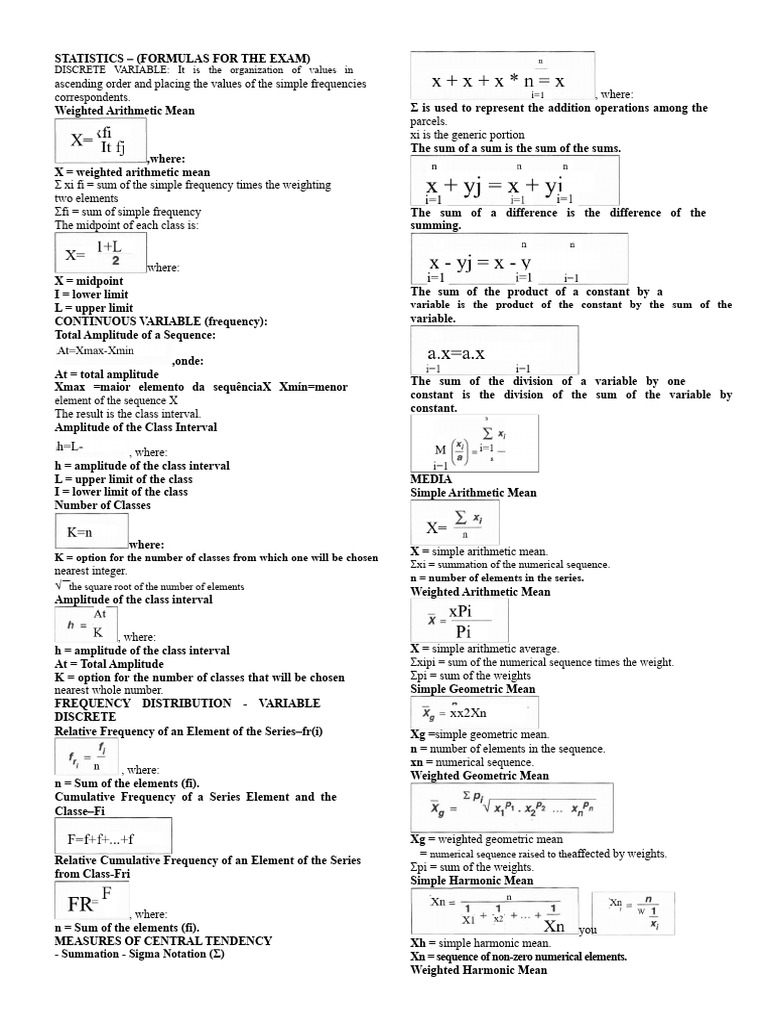 Statistics Formulas for Exam Preparation | PDF | Mean | Skewness