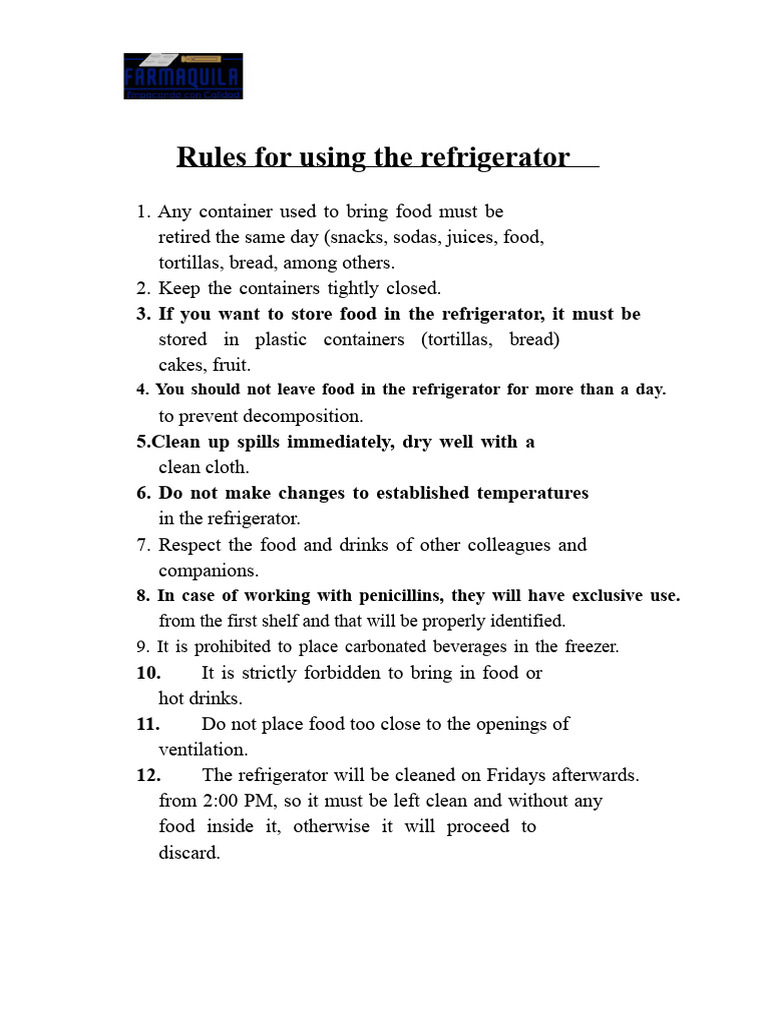 Refrigerator Use Guidelines and Rules | PDF