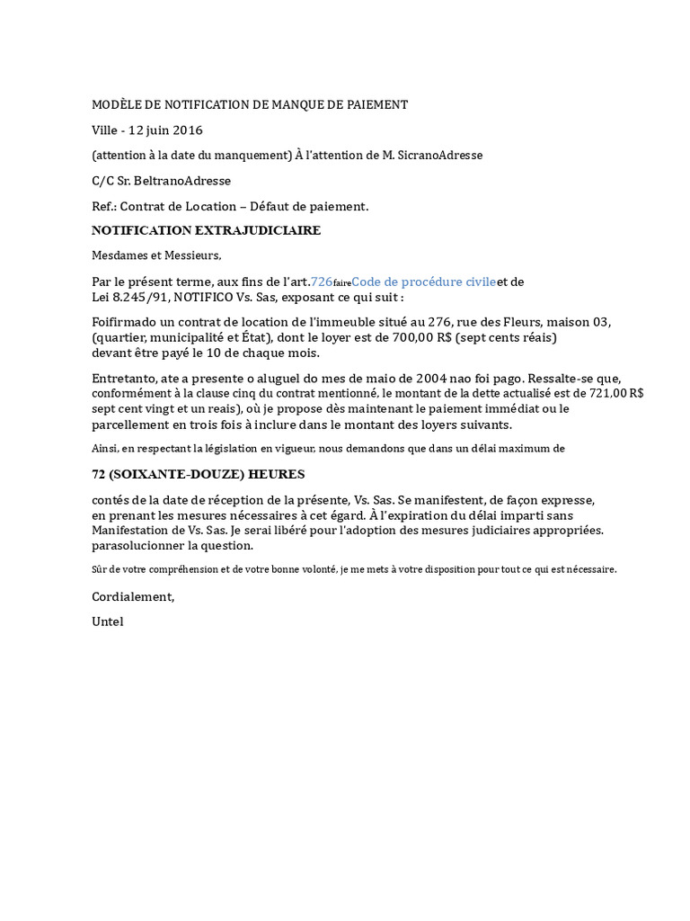 Notification de Manque de Paiement Locatif | PDF