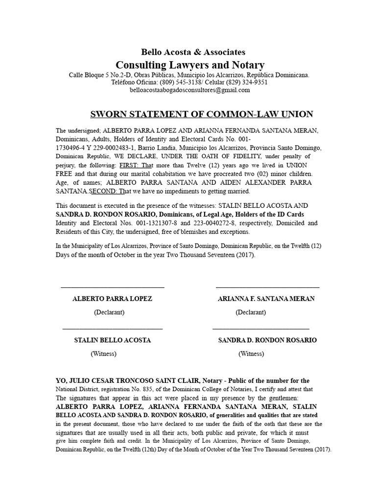 Common-Law Union Sworn Statement | PDF | Dominican Republic | Social ...