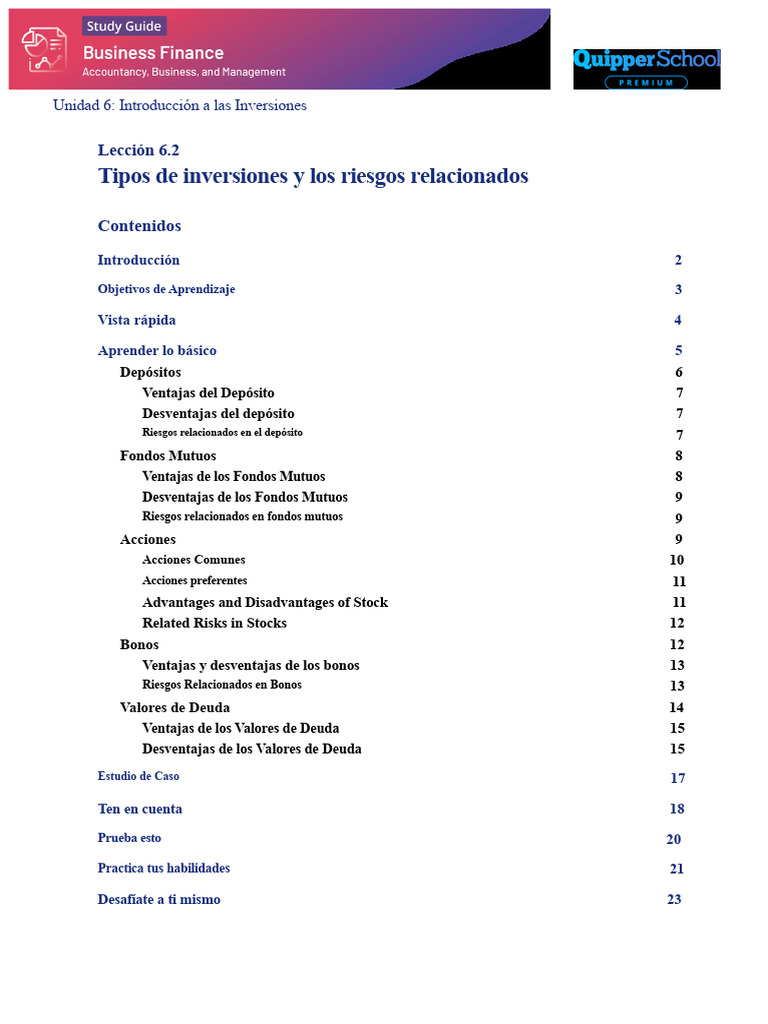 Tipos de Inversiones y Los Riesgos Relacionados: Lección 6.2 | PDF ...