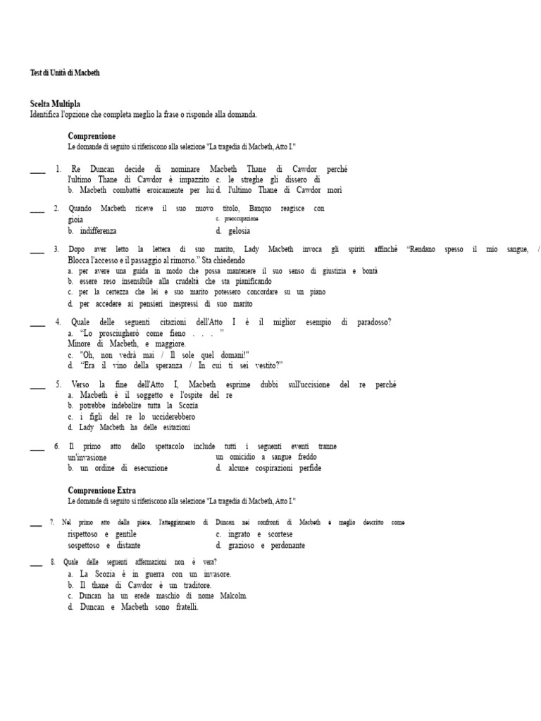Domande e Risposte Per Il Test Di Unità Su Macbeth | PDF