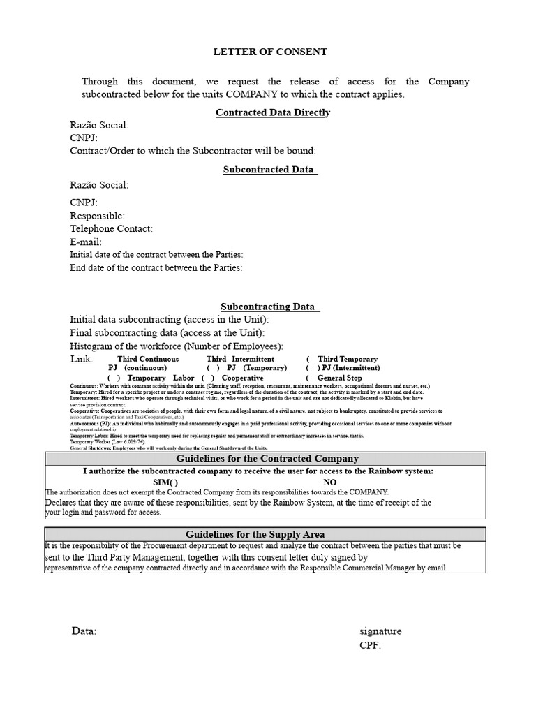 Subcontractor Access Consent Letter | PDF | Subcontractor | Employment