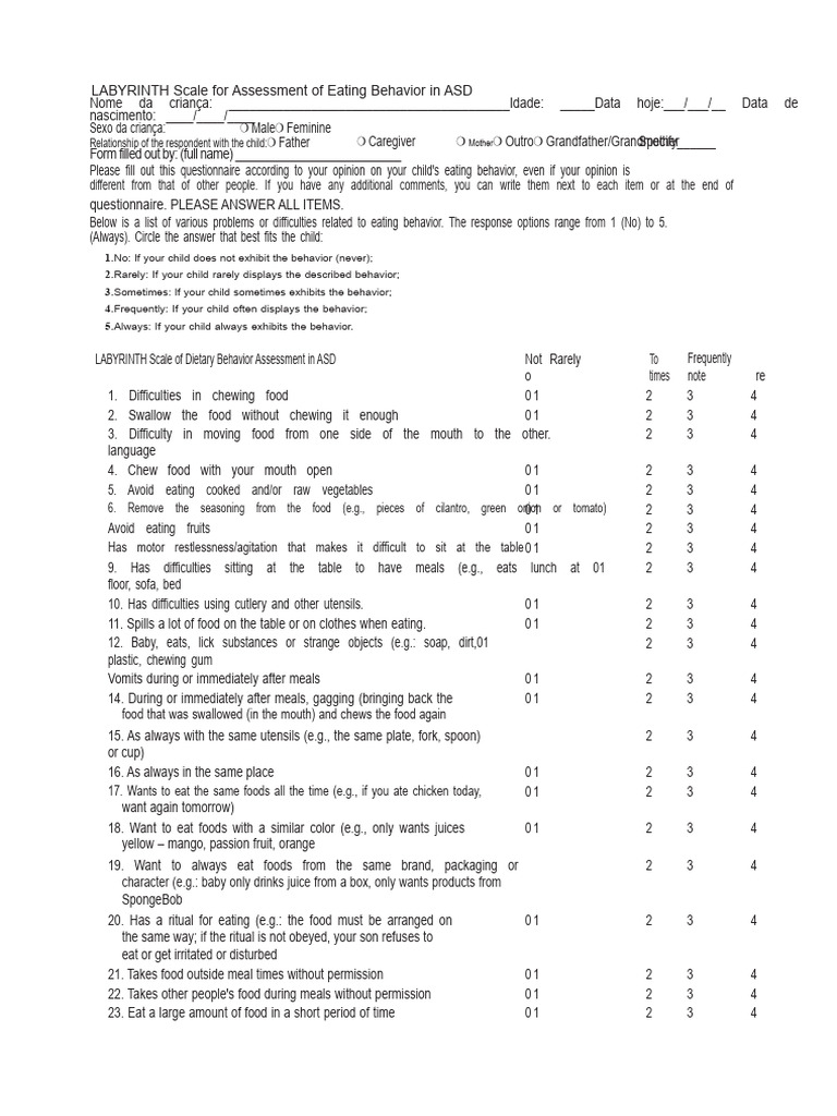 LABYRINTH Scale For Assessment of Eating Behavior in ASD | PDF | Autism ...