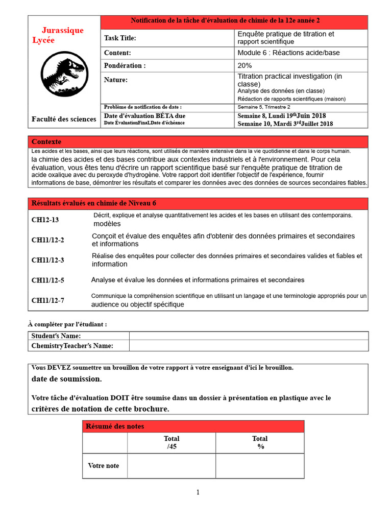 Évaluation de titration en chimie 12e | PDF | Titrage | Chimie