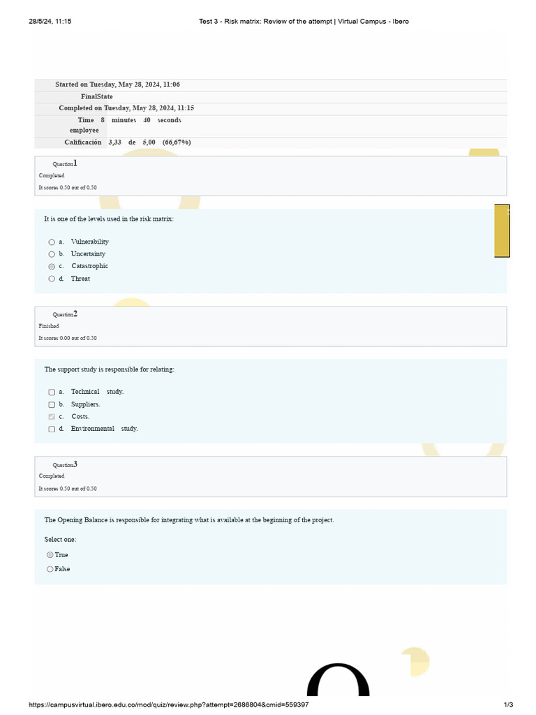 Test 3 - Risk Matrix - Review of The Attempt - Virtual Campus - Ibero 3 ...