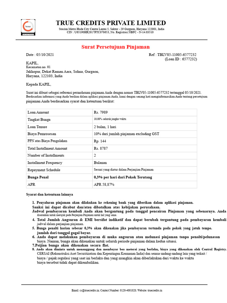 Surat Persetujuan Pinjaman True Credits | PDF