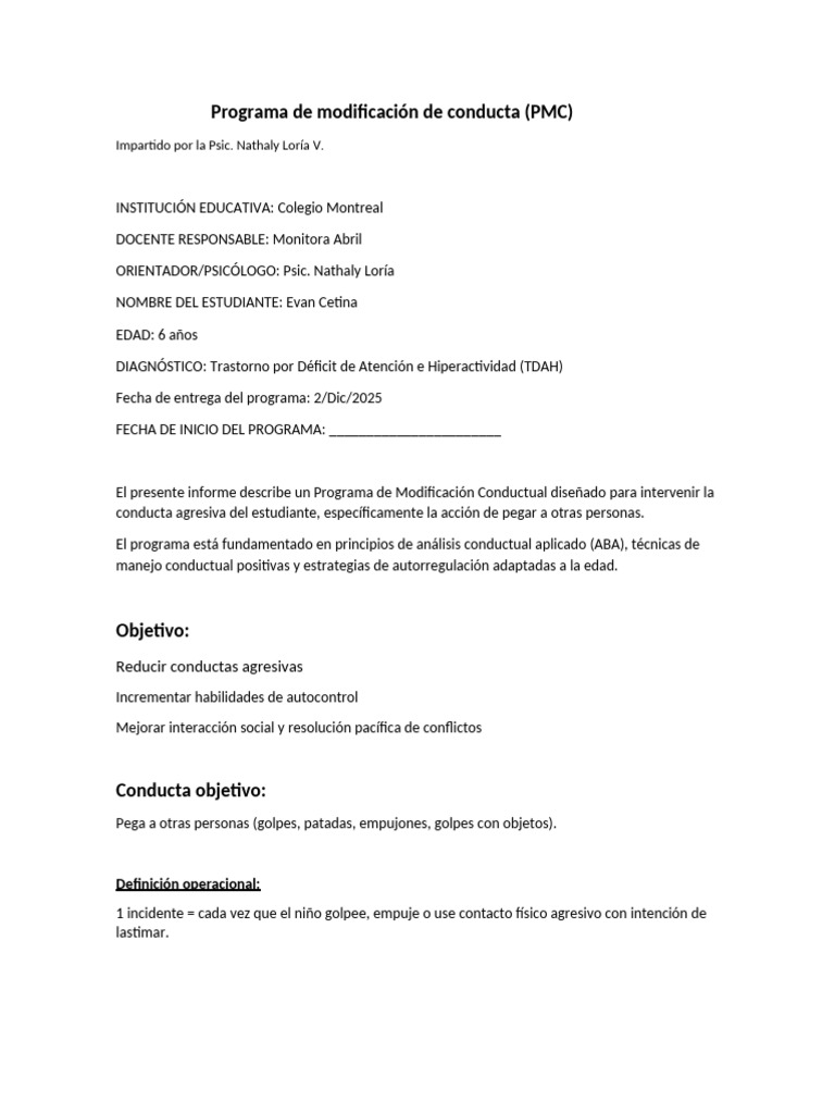 Programa de Conducta para TDAH Infantil | PDF | Modificación de ...