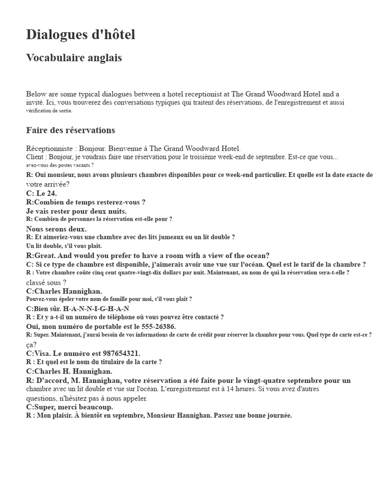 Dialogues typiques à l'hôtel en anglais | PDF | Hôtel