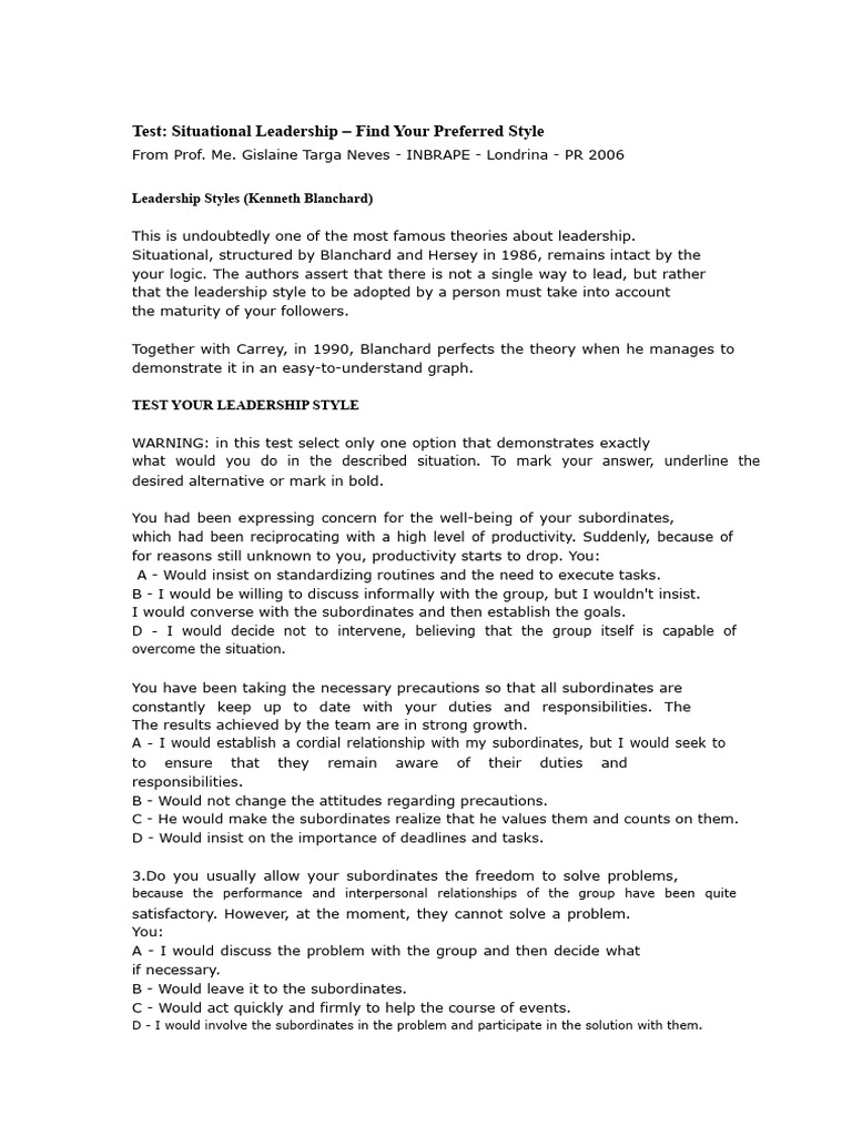Situational Leadership Style Assessment | PDF | Leadership | Psychology