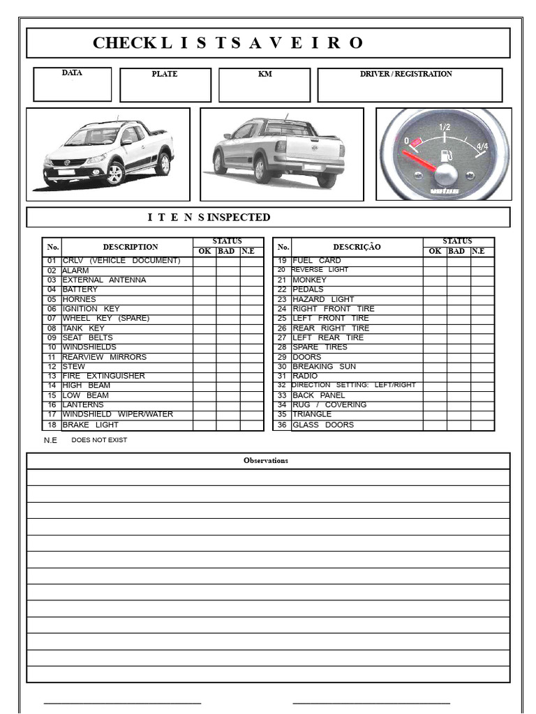 Vehicle Inspection Checklist Template | PDF | Tire | Vehicles