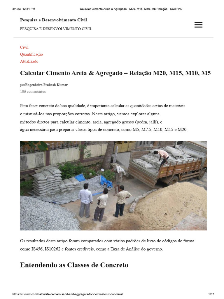 Proporções de Cimento e Areia para Concreto | PDF | Concreto | Cimento