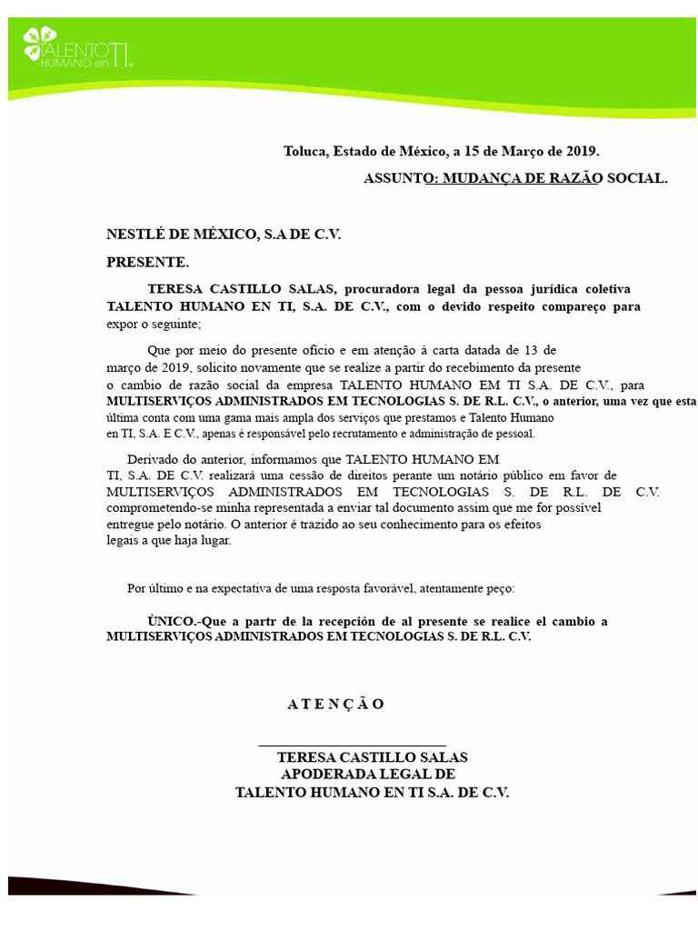 CARTA DE MUDANÇA DE RAZÃO SOCIAL | PDF
