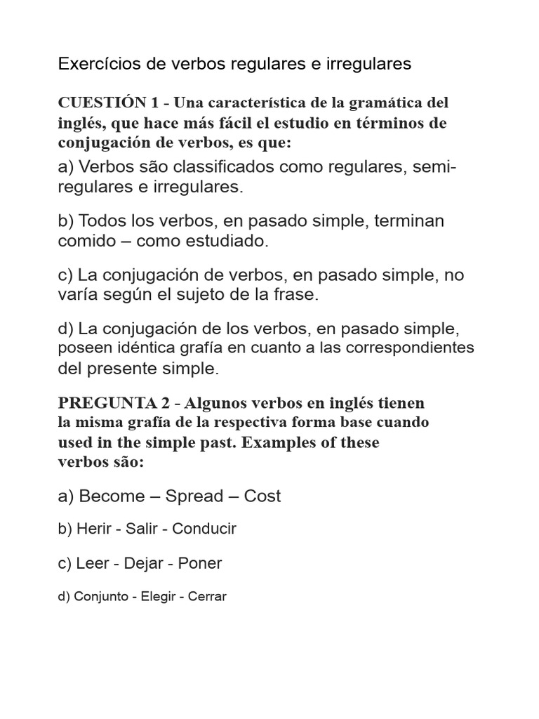 Ejercicios de verbos en inglés: regulares e irregulares | PDF | Verbo ...
