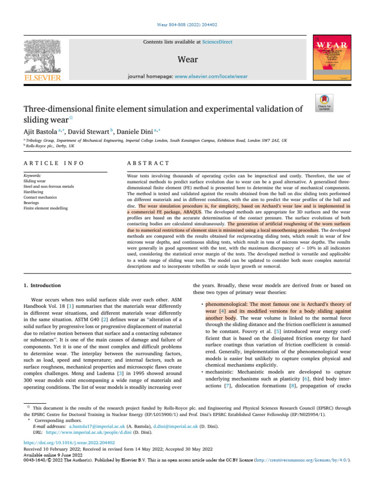 3D Finite Element Simulation of Sliding Wear | PDF | Wear | Finite ...