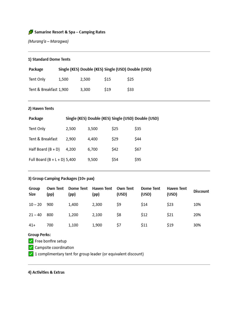 Samarine Resort Camping Rates & Packages | PDF