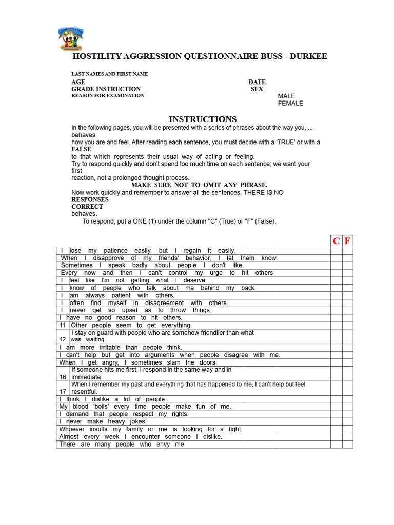 Hostility Aggression Questionnaire Buss - Durkee | PDF | Aggression | Anger