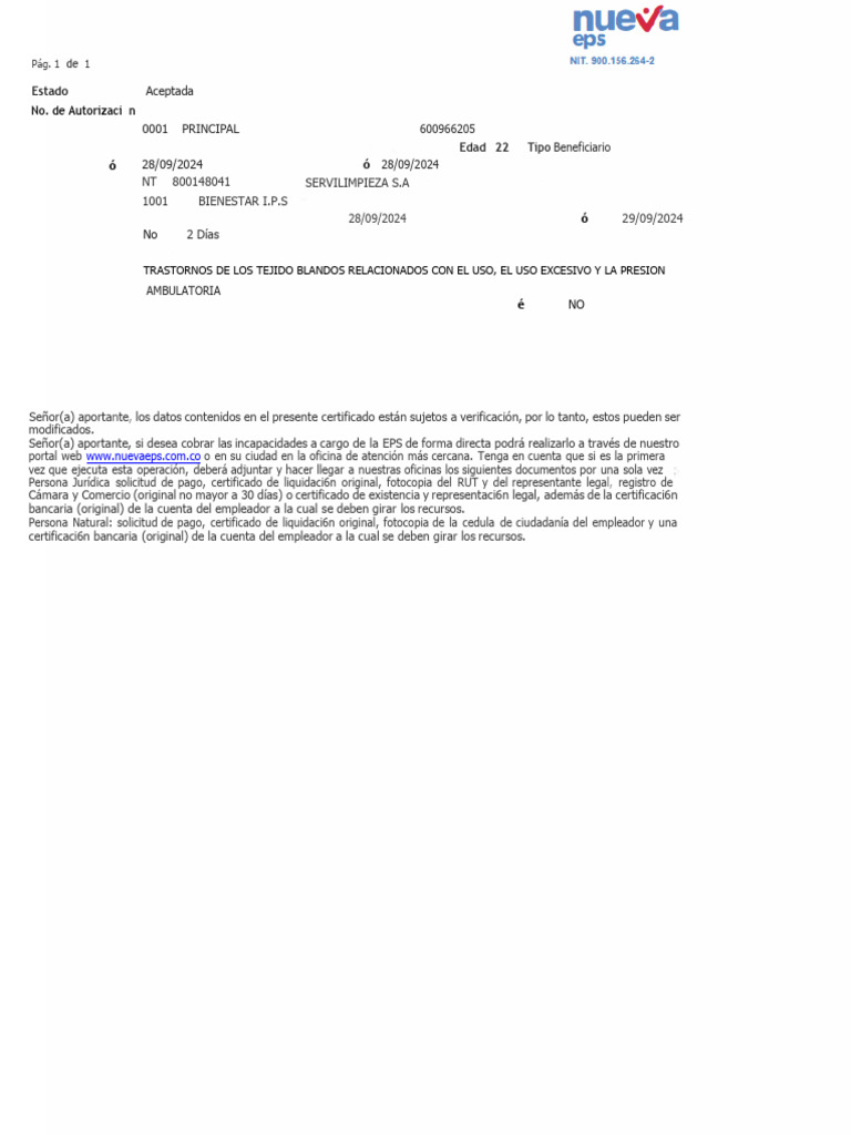 Certificado de Incapacidad NUEVA EPS | PDF