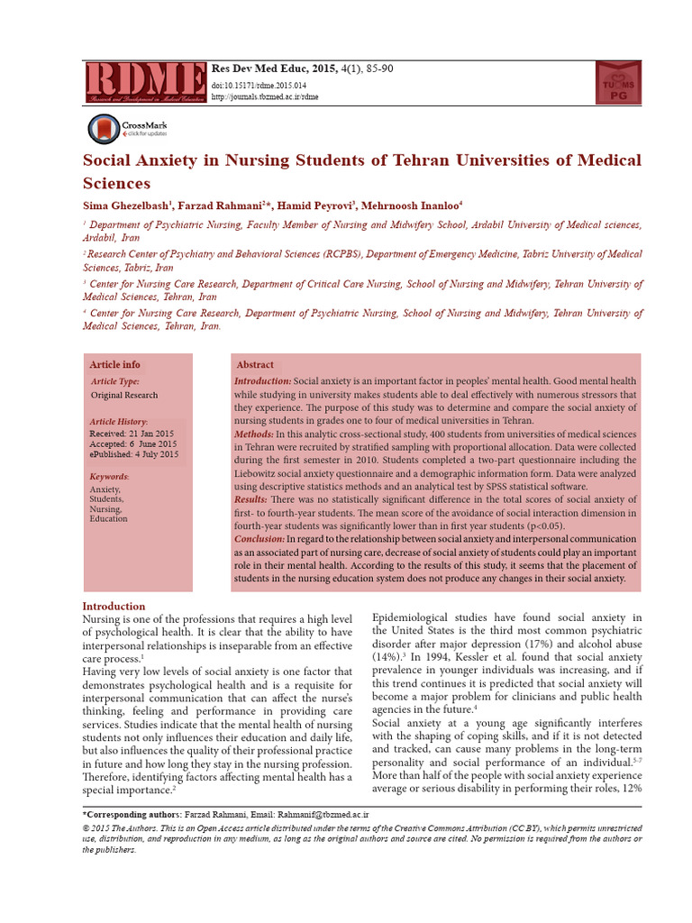 Social Anxiety in Nursing Students | PDF | Behavioural Sciences ...