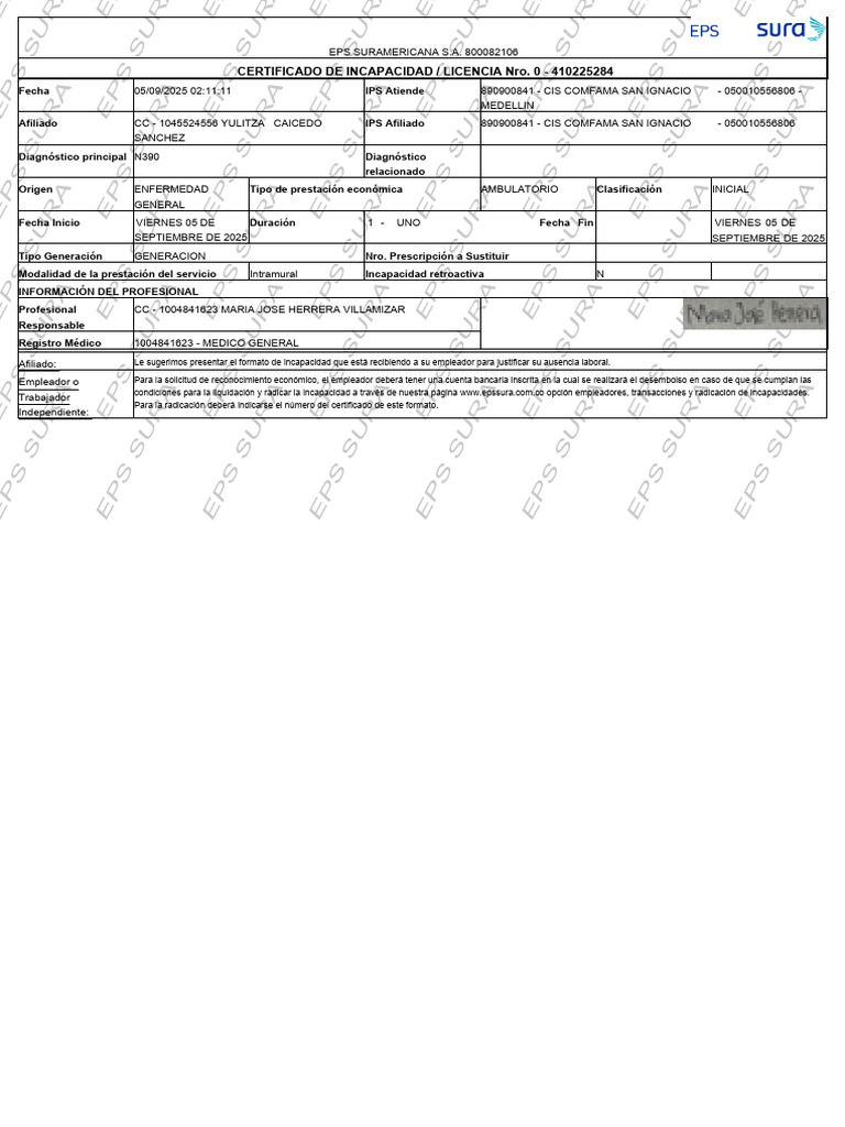 Certificado de Incapacidad EPS SURA | PDF