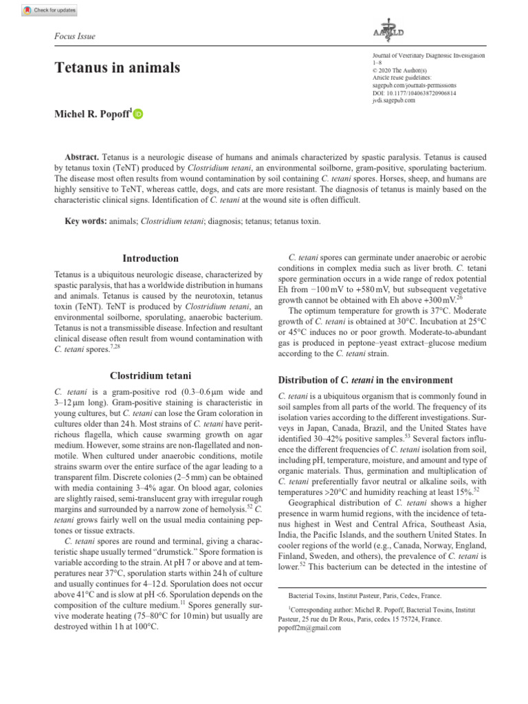 Tetanus in Animals: Causes and Diagnosis | PDF