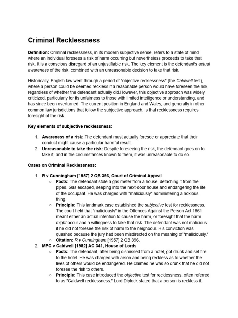 Understanding Criminal Recklessness | PDF | Recklessness (Law) | Negligence