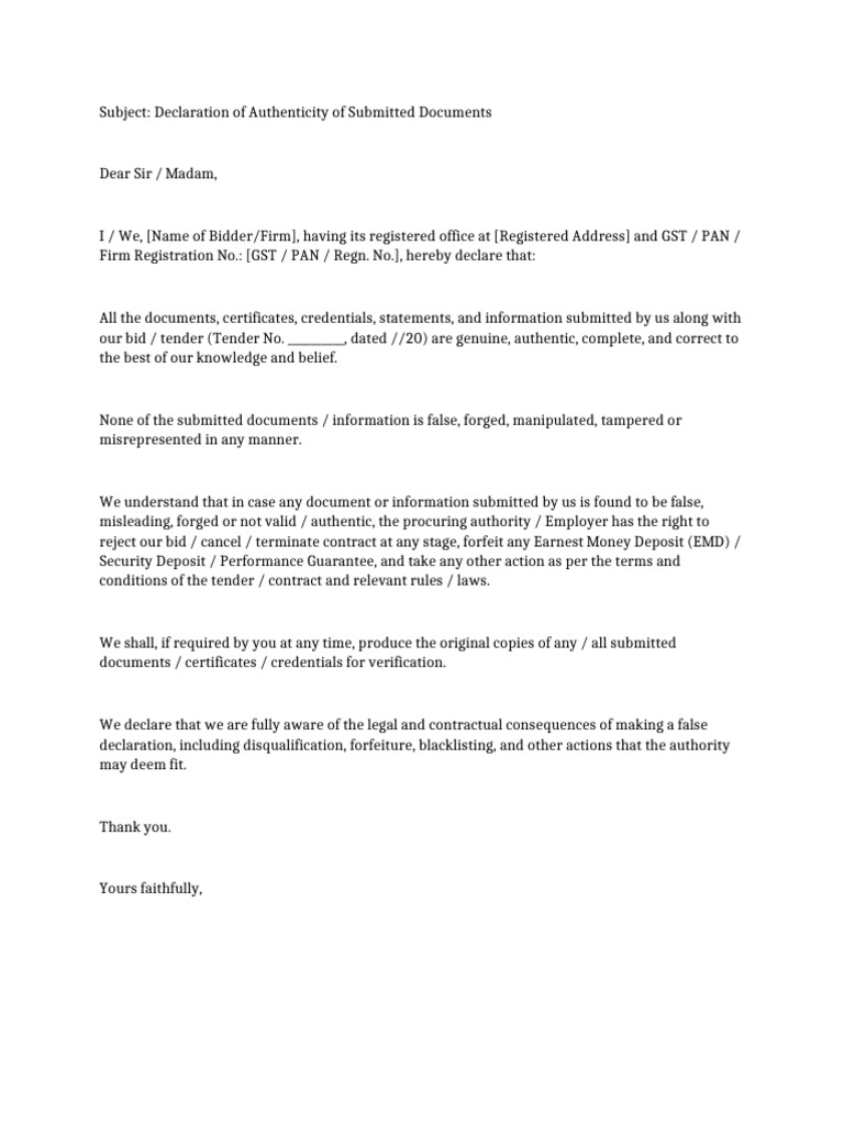 Declaration of Authenticity of Submitted Documents | PDF