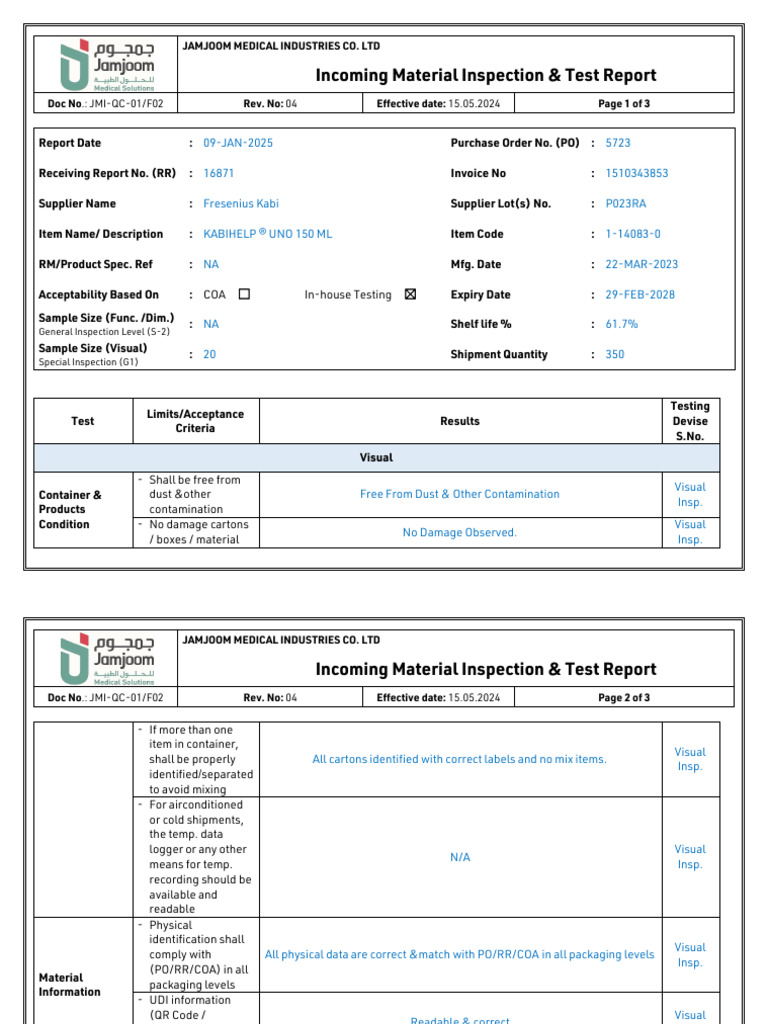 Incoming Material Inspection Report | PDF