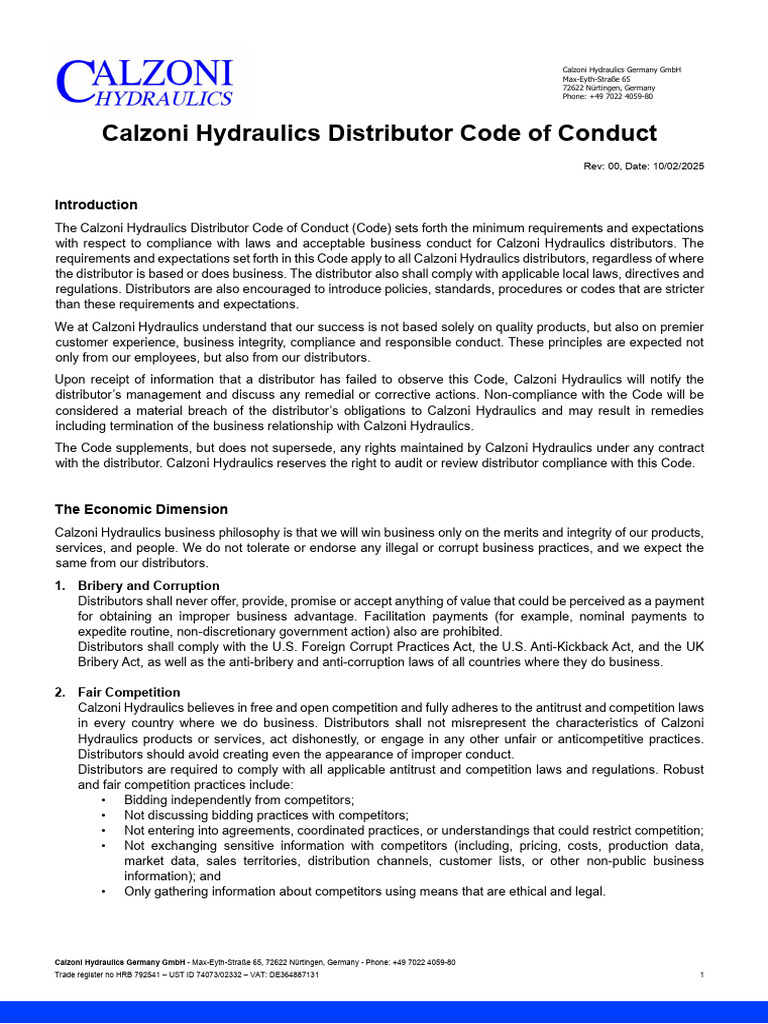 Calzoni Hydraulics Distributor Code of Conduct | PDF | Employment ...
