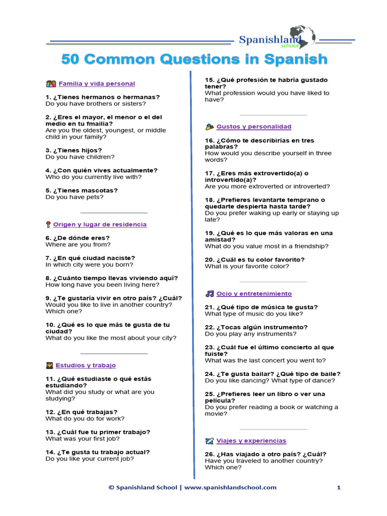 50 Preguntas Comunes en Español | PDF