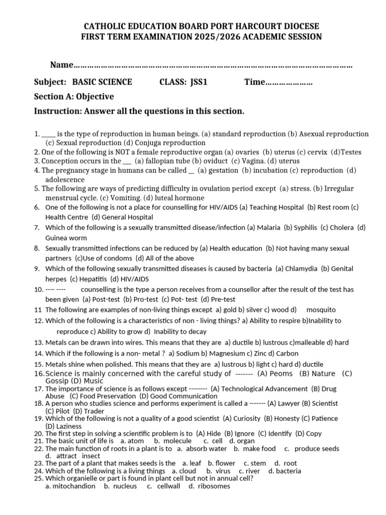 JSS1 Basic Science Exam 2025/2026 | PDF | Sexually Transmitted ...