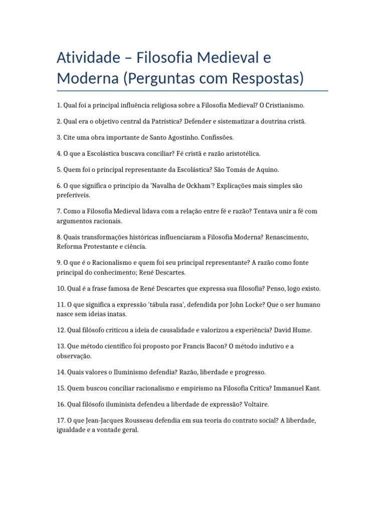 Filosofia Medieval e Moderna: Perguntas e Respostas | PDF