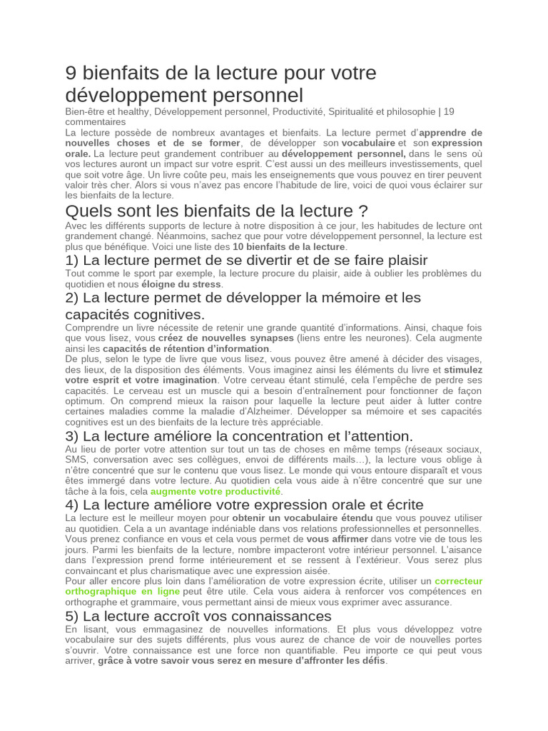 9 bienfaits de la lecture pour soi | PDF | Sommeil | Mémoire