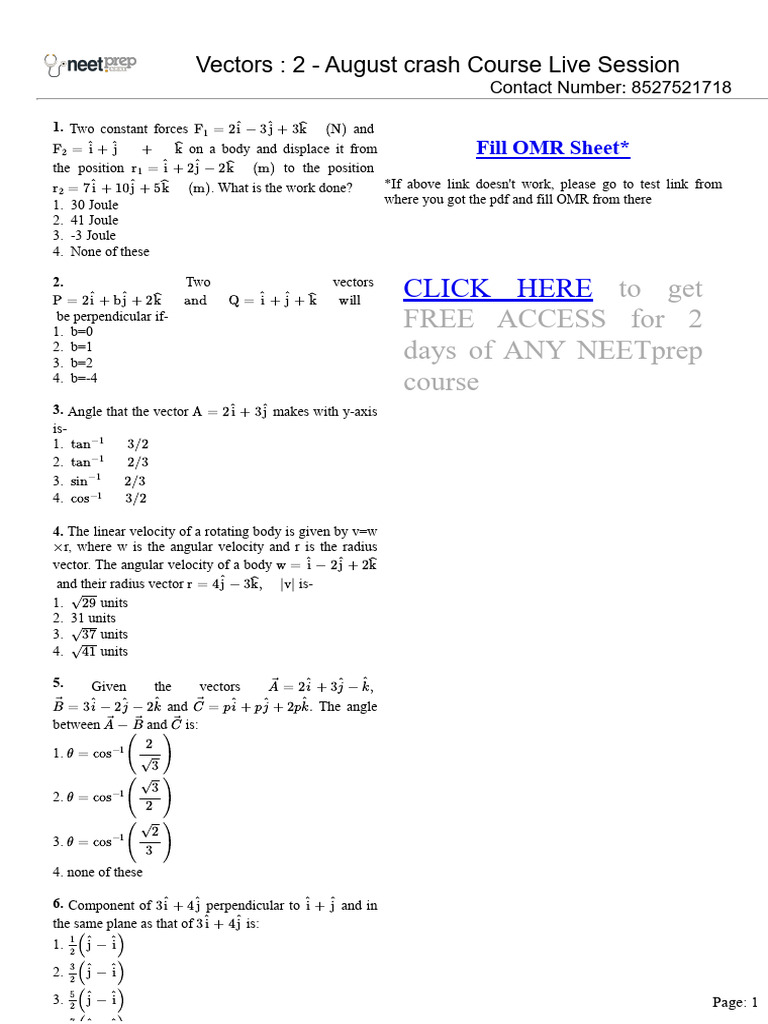 Vectors _ 2 - August Crash Course Live Session | PDF | Euclidean Vector ...