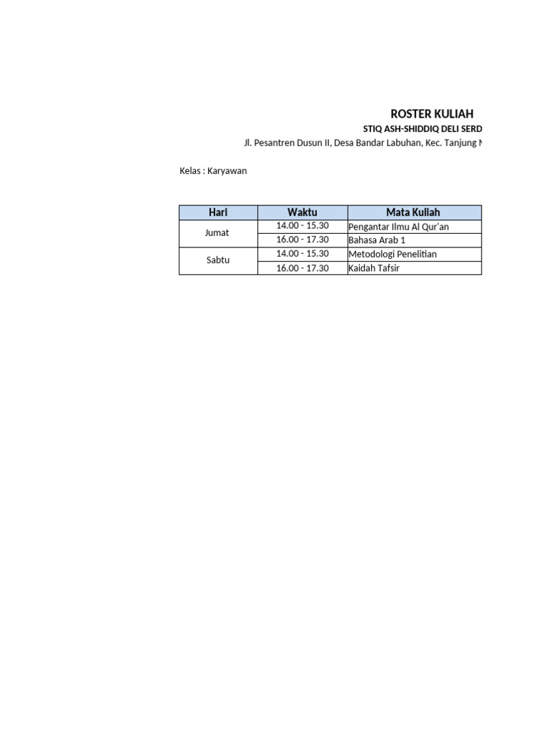 Roster Kuliah STIQ Ash-Shiddiq Deli Serdang | PDF
