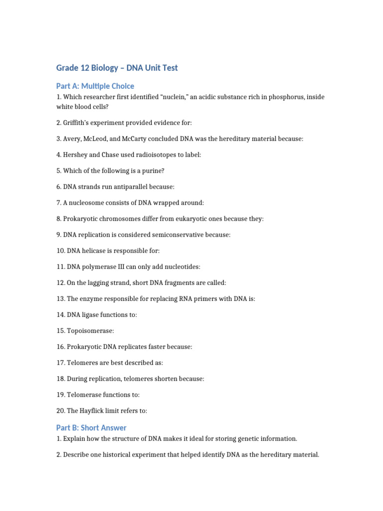 Grade 12 Biology DNA Unit Test Guide | PDF