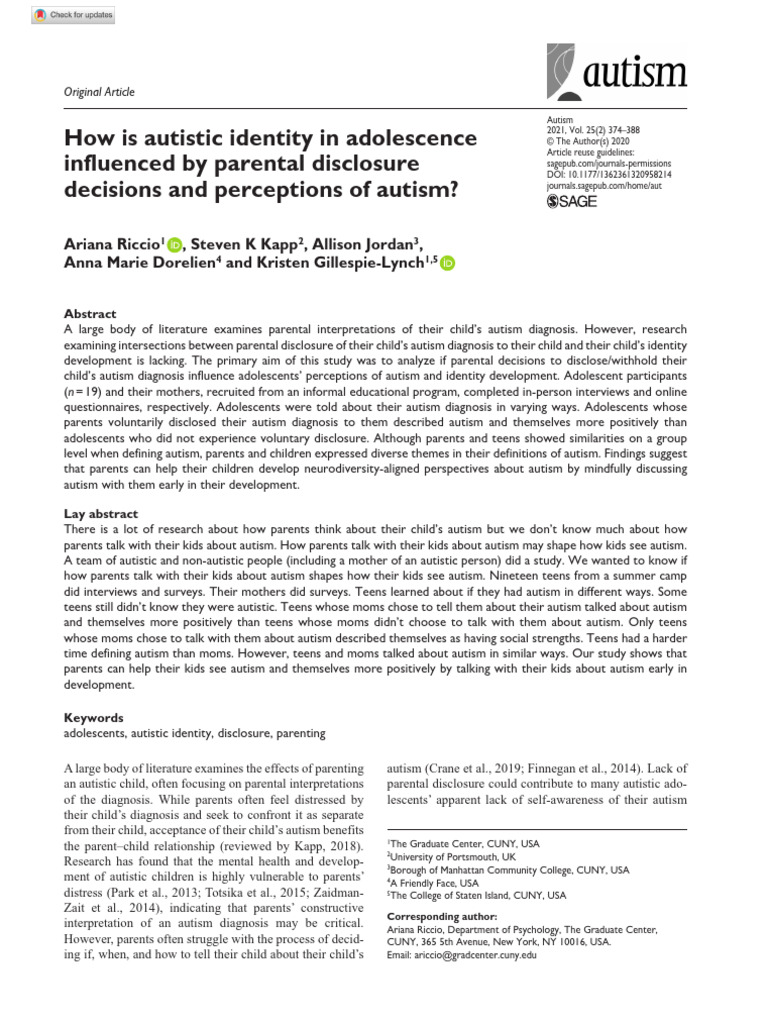 Riccio Et Al 2020 How Is Autistic Identity in Adolescence Influenced by ...