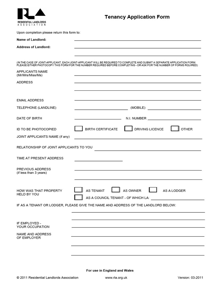 Tenancy Application Form for England & Wales | PDF | Leasehold Estate ...