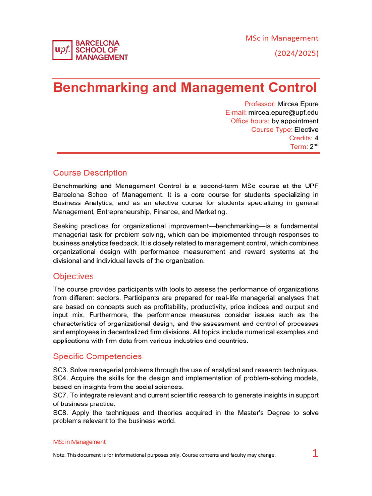 MSc Management: Benchmarking Course Overview | PDF | Analytics ...