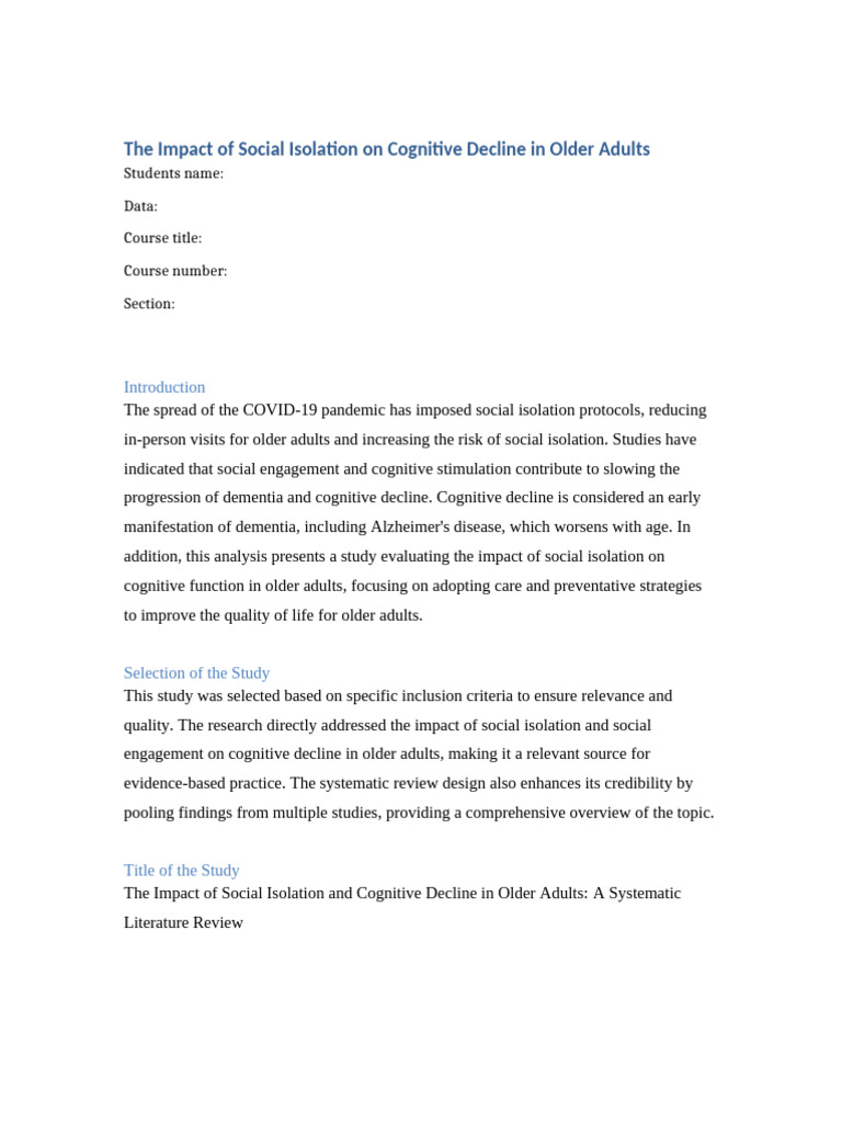 Social Isolation's Effect on Cognitive Decline | PDF | Dementia ...