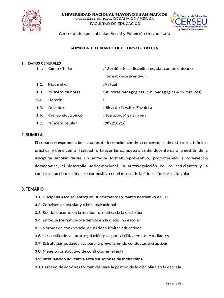 SUMILLA Y TEMARIO - Gestion de La Disciplina Escolar | PDF