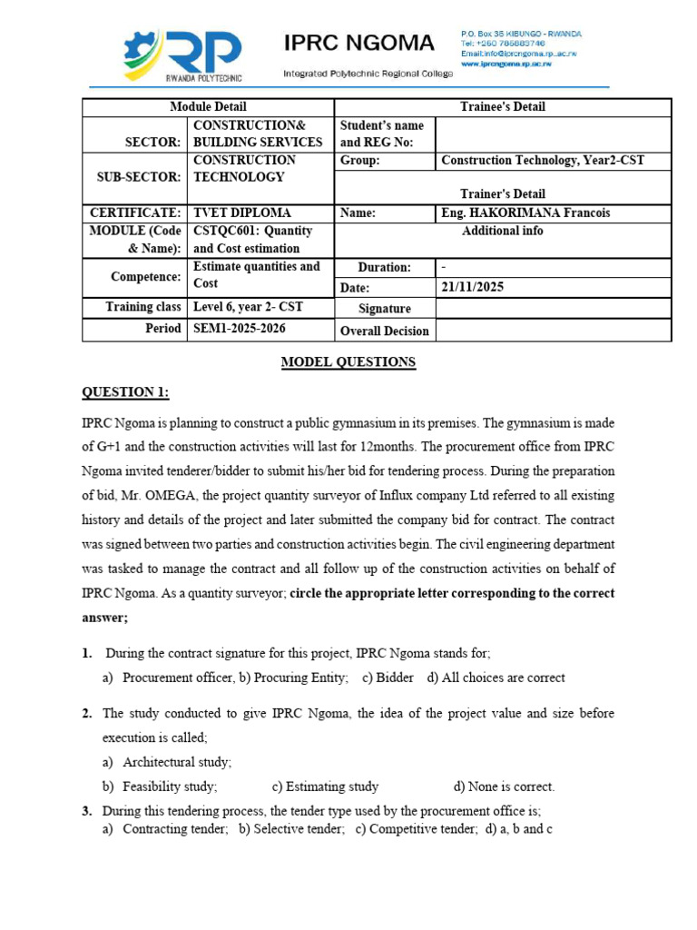 IPRC Ngoma Gym Construction Tender Guide | PDF | Depreciation