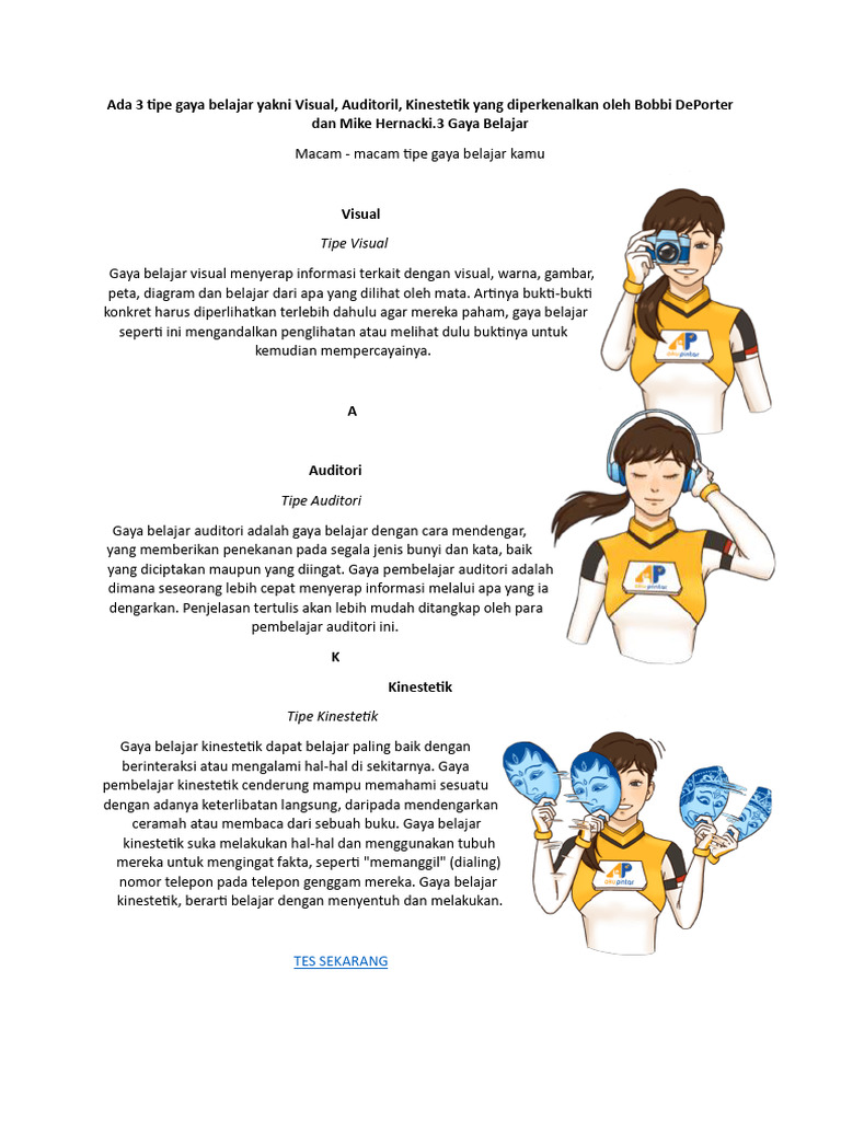 Tipe Gaya Belajar: Visual, Auditori, Kinestetik | PDF