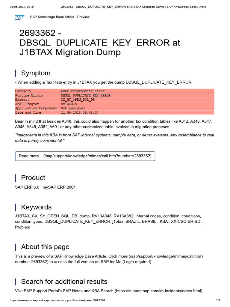 J1BTAX Duplicate Key Error Fix Guide | PDF | Sap Se | Business