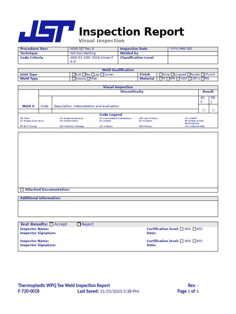 Thermoplastic WPQ Tee Weld Inspection Report | PDF | Welding | Construction