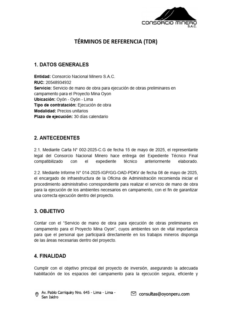 TDR Servicio Mano de Obra Mina Oyon 0023-100042-004 | PDF